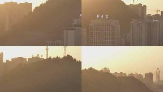 长焦航拍下的城市夕阳高清在线视频素材下载