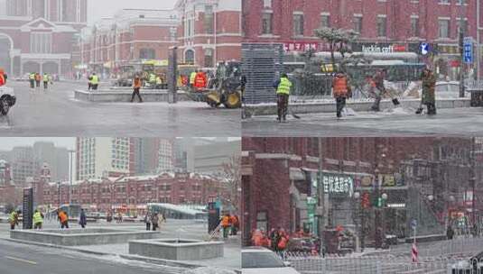 寒冷冬天环卫工人大雪中人工扫雪清雪城市高清在线视频素材下载