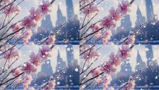 城市中覆雪的粉色花朵高清在线视频素材下载
