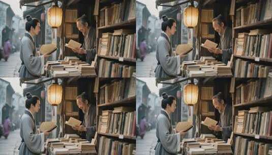 古代书生书摊购古书场景高清在线视频素材下载