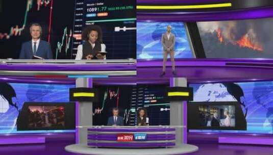 紫色科技新闻直播间虚拟演播室主持人场景高清AE视频素材下载