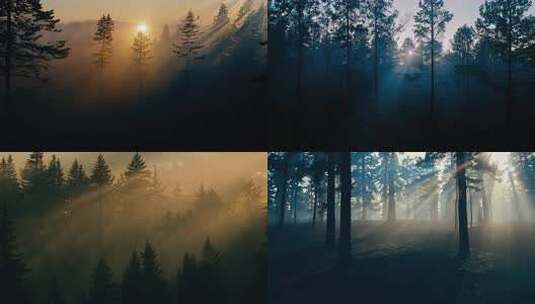 晨曦中雾气弥漫的森林景象高清在线视频素材下载