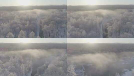 冬季长白山原始森林朝阳温泉晨雾航拍高清在线视频素材下载