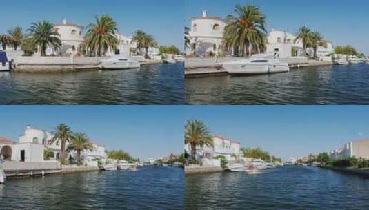 河岸的豪华别墅和游艇高清在线视频素材下载