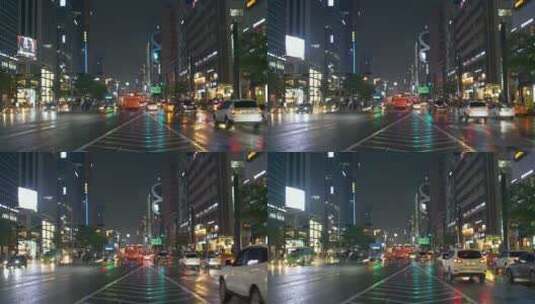 首尔夜晚繁忙潮湿的道路高清在线视频素材下载