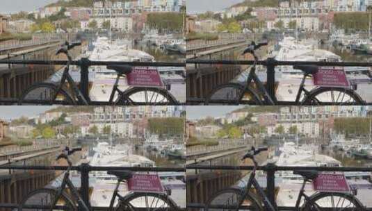 自行车被锁在栏杆上高清在线视频素材下载