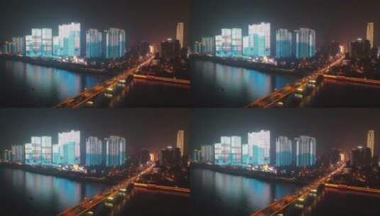 湖南长沙湘江橘子洲城市夜景灯光秀航拍高清在线视频素材下载