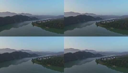 航拍4k建德山区风景湖面清晨薄雾生态旅游高清在线视频素材下载