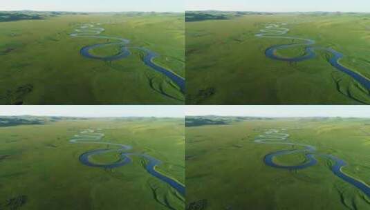 航拍呼伦贝尔绿色牧场蜿蜒河流高清在线视频素材下载