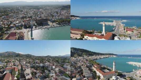 航拍希腊欧洲扎金索斯港口小船爱奥尼亚海4K高清在线视频素材下载