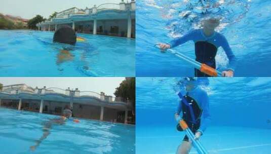 夏天孩子在游泳池练习游泳，玩水枪4k视频高清在线视频素材下载