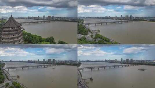 六和塔和钱塘江钱江大桥航拍高清在线视频素材下载