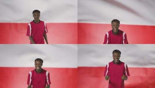 在波兰国旗前对着镜头庆祝的运动员高清在线视频素材下载