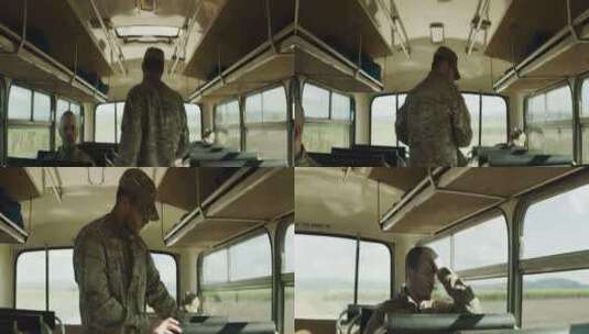 士兵走上军用巴士坐下高清在线视频素材下载