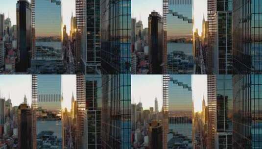 城市航拍阳光照射过摩天大楼间高端商务地产高清在线视频素材下载