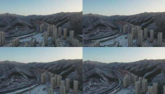 （4K实拍）航拍雪后城市景色  承德丰宁高清在线视频素材下载