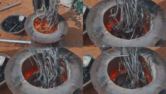 乡下农村铝锅艺人街头制锅熔化铝丝铝水高清在线视频素材下载