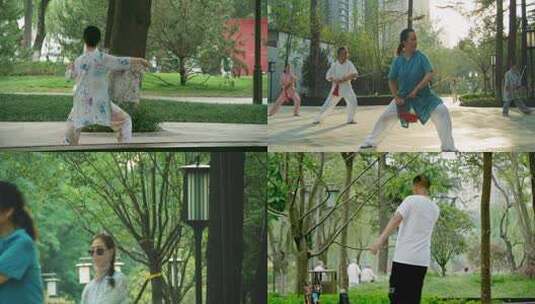 公园老人锻炼打太极舞剑4K高清在线视频素材下载