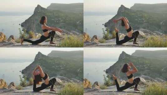 在悬崖边做瑜伽的女人高清在线视频素材下载