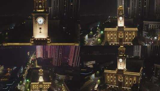 武汉地标 江汉关大楼夜景航拍高清在线视频素材下载