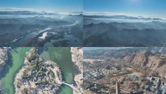 航拍河北承德避暑山庄大山薄雾山水楼阁景点高清在线视频素材下载