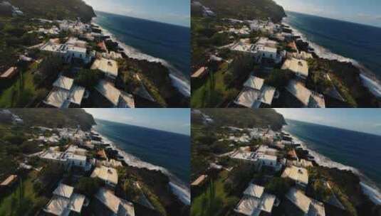 FPV穿越机无人机航拍海浪冲击海边城市小镇高清在线视频素材下载