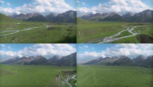 新疆雪山草地风光航拍高清在线视频素材下载