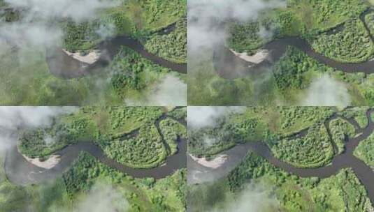 航拍湿地河湾晨雾高清在线视频素材下载