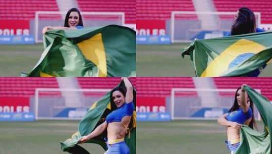 巴西女足球迷在体育场挥舞旗帜高清在线视频素材下载
