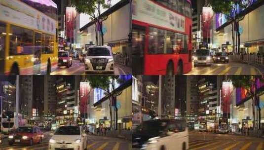 香港街道繁忙交通夜晚道路车流巴士汽车行驶高清在线视频素材下载
