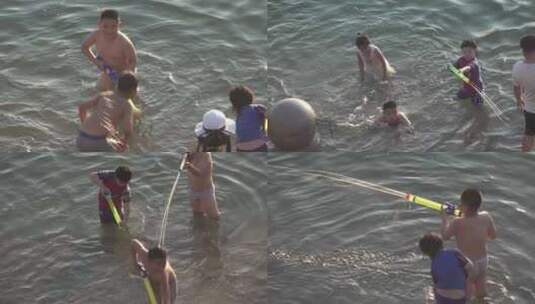夏日黄昏少年儿童在浅河中戏水高清在线视频素材下载