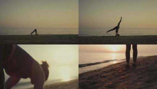 海边黄昏日落练瑜伽意境瑜伽高清在线视频素材下载