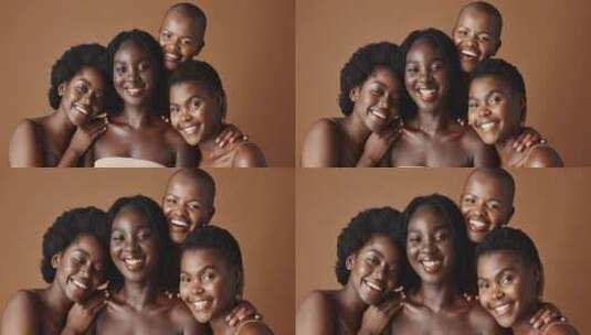 面部、美丽和快乐的黑人女性朋友在工作室里高清在线视频素材下载