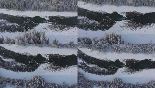 航拍冬季新疆喀纳斯河雪景高清在线视频素材下载