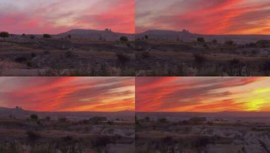 远处山后夕阳下的红色天空。从高山上看，有高清在线视频素材下载