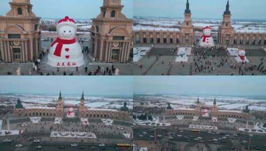 哈尔滨/网红雪人/音乐长廊/城市航拍高清在线视频素材下载