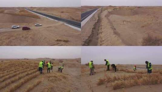 西北沙漠草方格固沙治沙施工现场合集高清在线视频素材下载