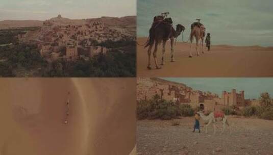 沙漠航拍沙漠古城沙丘骆驼游客商队摩洛哥高清在线视频素材下载