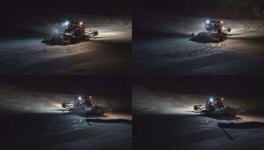 云顶滑雪场夜晚压雪车压雪工作画面高清在线视频素材下载