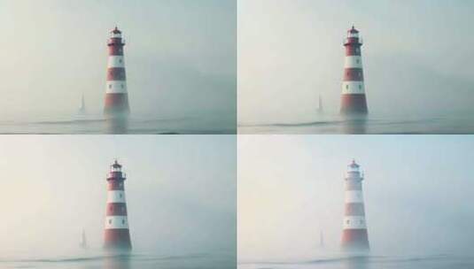 充满雾气的海面和露出有水面的灯塔高清在线视频素材下载