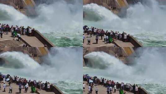 河南小浪底水库汛期前泄洪调水调沙游客观瀑高清在线视频素材下载