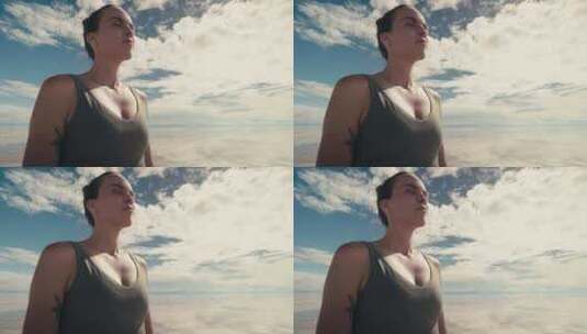 反思，年轻女子，瑜伽，云高清在线视频素材下载