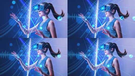 VR眼镜虚拟现实科技感女人佩戴体验未来风高清在线视频素材下载