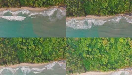 俯瞰海滩海浪与岸边绿植高清在线视频素材下载