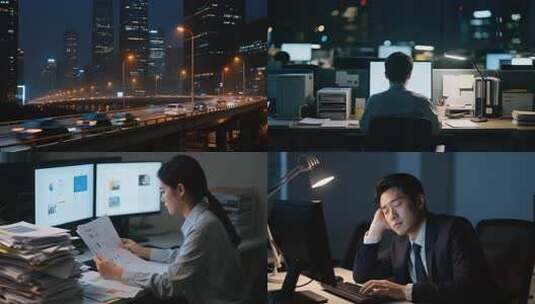 年轻人加班创业熬夜通宵职场人疲惫工作状态高清在线视频素材下载