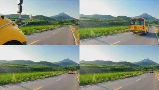 行驶在山上农村乡间小路上的黄色校车高清在线视频素材下载