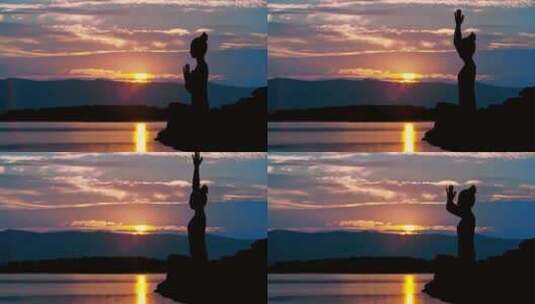 夕阳下瑜伽冥想锻炼高清在线视频素材下载
