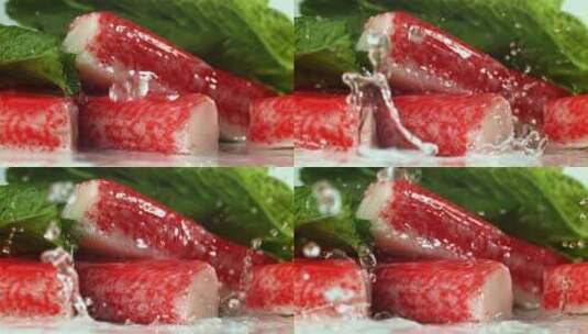 新鲜蟹柳美食特写升格镜头高清在线视频素材下载