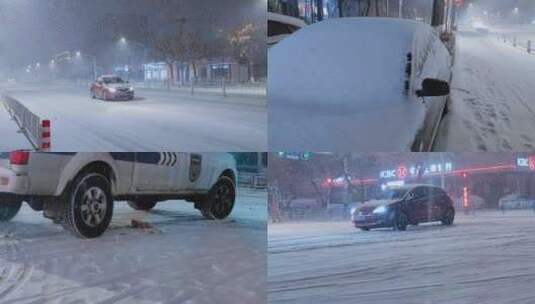 暴风雪夜中的城市道路交通高清在线视频素材下载