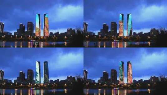 中国四川成都金融城双子塔夜晚灯光高清在线视频素材下载